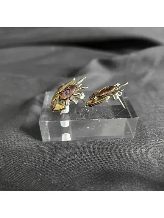 Vintage Taxco Sterling Silver Sun Moon Face Earrings Mixed Metal 925 Copper - Picture 5 of 8